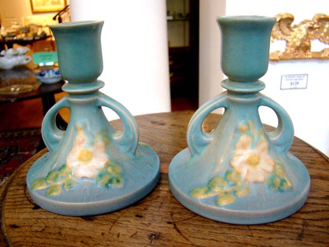 A lovely small pair of Roseville candle holders circa 1940-1950